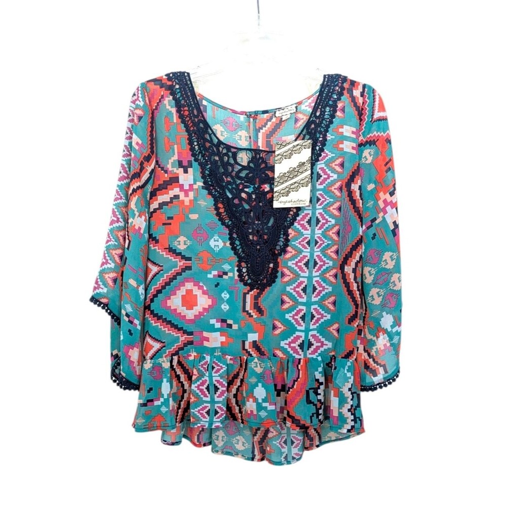 NEW Eyeshadow Boho Blouse - Size Small Womens - Teal / Navy Blue Geometric Aztec